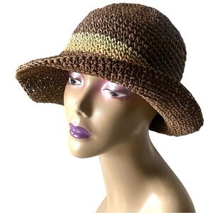 D & Y Woven Crochet Straw Bucket Sun Hat Neutral Brown/Tan/Sage Women's OSFM